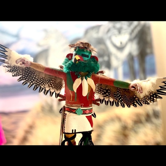 Hopi Indian Kachina Doll wooden, 11” tall wooden stand w feathers wings vintage - Picture 2 of 12